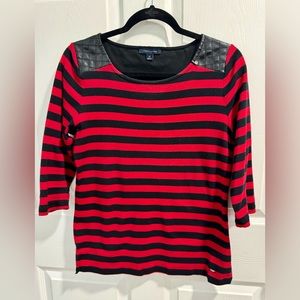 Tommy Hilfiger Red & Black Stripped 3/4 Sleeve Pullover Blouse. Size S.